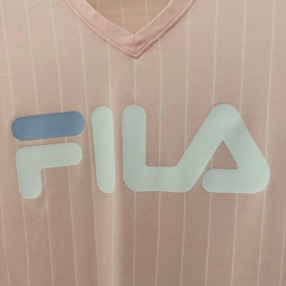 FILA Tee V-Neck Short Sleeve Pink Stripe Baseball-Style Athletic Women's Medium - Picture 2 of 8